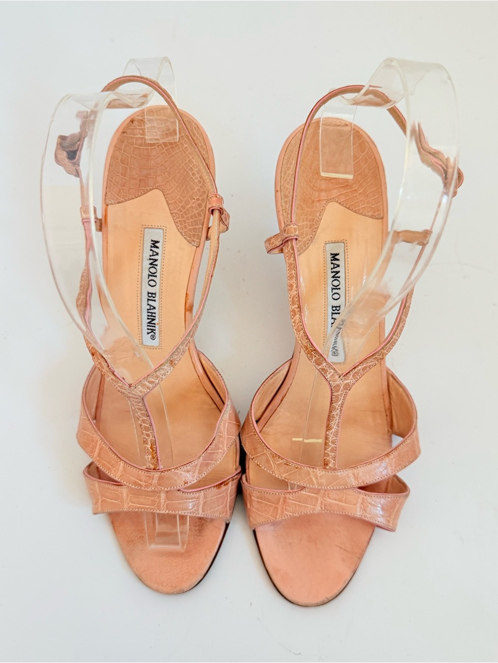 Manolo Blahnik Vintage Pink Alligator T-Strap Sandals Heels 38.5 Archival